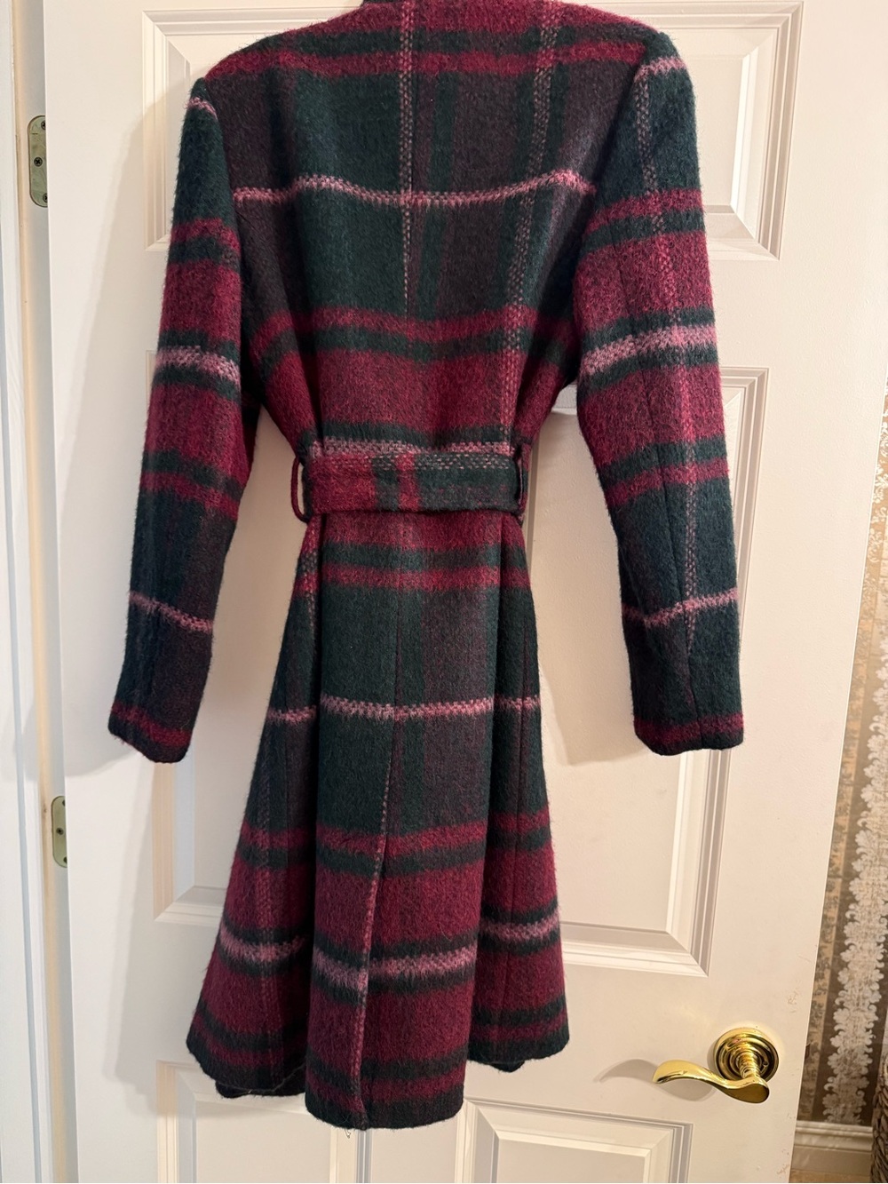 Ted Baker Burgundy and Dark Green Plaid Long Sleeve Wrap Coat Dress - Picture 2 of 5